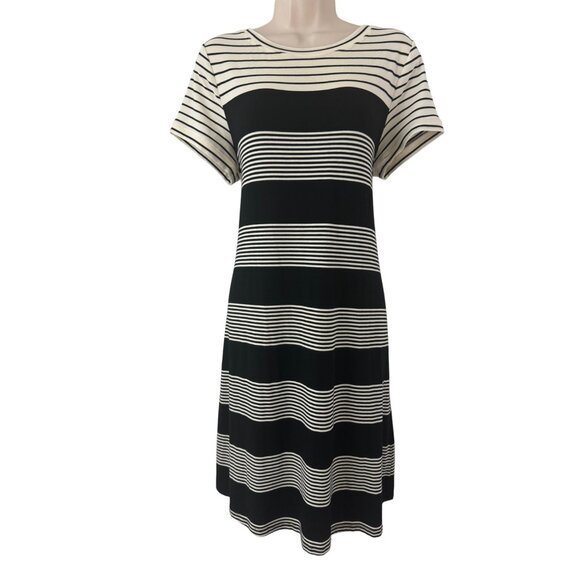 Size Large CALVIN KLEIN BLACK & IVORY SOFT STRIPED T-SHIRT DRESS Summer Vacation - Picture 4 of 9